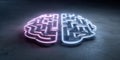 Glowing neon brain with maze pattern symbolizing creativity and logic balance Royalty Free Stock Photo