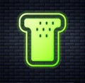 Glowing neon Bread toast for sandwich piece of roasted crouton icon isolated on brick wall background. Lunch, dinner