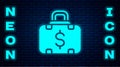 Glowing neon Briefcase and money icon isolated on brick wall background. Business case sign. Business portfolio. Vector