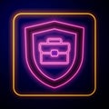 Glowing neon Briefcase with shield icon isolated on black background. Insurance concept. Security, safety, protection