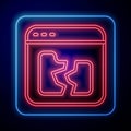 Glowing neon Broken file icon isolated on blue background. Vector