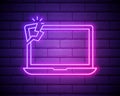 Glowing neon Broken Laptop icon isolated on brick wall background. Adjusting, service, setting, maintenance, repair, fixing. Royalty Free Stock Photo