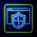 Glowing neon Browser with shield icon isolated on blue background. Security, safety, protection, privacy concept. Vector Royalty Free Stock Photo