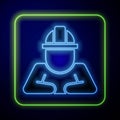 Glowing neon Builder icon isolated on blue background. Construction worker. Vector