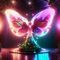 Glowing neon butterfly on a stage in a nightclub. 3d rendering Generative AI