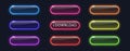 Glowing neon buttons for web design isolated on dark background. Realistic light frame border collection for web design