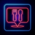 Glowing neon Cafe and restaurant location icon isolated on blue background. Fork and spoon eatery sign inside pinpoint Royalty Free Stock Photo