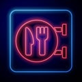 Glowing neon Cafe and restaurant location icon isolated on blue background. Fork and spoon eatery sign inside pinpoint Royalty Free Stock Photo