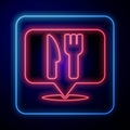 Glowing neon Cafe and restaurant location icon isolated on blue background. Fork and spoon eatery sign inside pinpoint Royalty Free Stock Photo