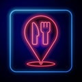 Glowing neon Cafe and restaurant location icon isolated on blue background. Fork and spoon eatery sign inside pinpoint Royalty Free Stock Photo