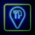 Glowing neon Cafe and restaurant location icon isolated on blue background. Fork and spoon eatery sign inside pinpoint Royalty Free Stock Photo