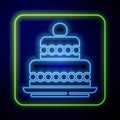 Glowing neon Cake icon isolated on blue background. Happy Birthday. Vector