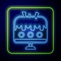 Glowing neon Cake on plate icon isolated on blue background. Happy Birthday. Vector