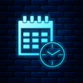 Glowing neon Calendar and clock icon isolated on brick wall background. Schedule, appointment, organizer, timesheet Royalty Free Stock Photo