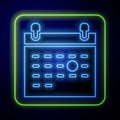 Glowing neon Calendar death icon isolated on blue background. Vector