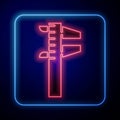 Glowing neon Calliper or caliper and scale icon isolated on blue background. Precision measuring tools. Vector