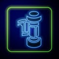 Glowing neon Camera vintage film roll cartridge icon isolated on blue background. 35mm film canister. Filmstrip