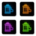 Glowing neon Camera vintage film roll cartridge icon isolated on white background. 35mm film canister. Filmstrip