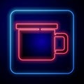 Glowing neon Camping metal mug icon isolated on blue background. Vector