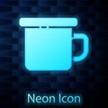 Glowing neon Camping metal mug icon isolated on brick wall background. Vector Illustration