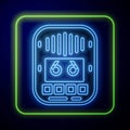 Glowing neon Cassette tape player icon isolated on blue background. Vintage audio tape recorder. Vector Royalty Free Stock Photo