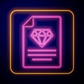 Glowing neon Certificate of the diamond icon isolated on black background. Vector