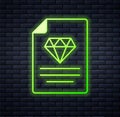 Glowing neon Certificate of the diamond icon isolated on brick wall background. Vector