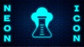 Glowing neon Chemical experiment, explosion in the flask icon isolated on brick wall background. Chemical explosion in a