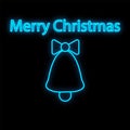 Glowing neon christmas sign with christmas bell, bow-knot and holly in circle frame. Christmas bell symbol in neon style