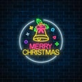 Glowing neon christmas sign with christmas bell, bow-knot and holly in circle frame. Christmas bell symbol in neon style Royalty Free Stock Photo