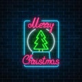 Glowing neon christmas sign with christmas tree in snowball. Xmas symbol web banner in neon style.