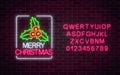 Glowing neon christmas sign with holly in rectangle frame with alphabet. Christmas symbol web banner in neon style. Royalty Free Stock Photo