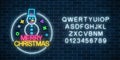 Glowing neon christmas sign with snowman and alphabet. Christmas snow man symbol web banner in neon style.