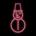 Glowing neon christmas sign with snowman with hat in circle frame. Christmas snow man symbol web banner in neon style