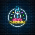 Glowing neon christmas sign with snowman with hat in circle frame. Christmas snow man symbol web banner in neon style.