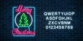 Glowing neon christmas sign with christmas tree in snowball with alphabet. Xmas symbol web banner in neon style Royalty Free Stock Photo