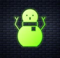 Glowing neon Christmas snowman icon isolated on brick wall background. Merry Christmas and Happy New Year. Vector