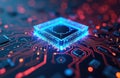 Glowing neon circuit board cube tech background. Generative AI. Futuristic digital high tech design. Computer processor microchip Royalty Free Stock Photo