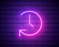 Glowing neon Clock with arrow icon isolated on brick wall background. Time symbol. Clockwise rotation icon arrow and