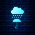 Glowing neon Cloud with rain drop on umbrella icon isolated on brick wall background. Vector Royalty Free Stock Photo