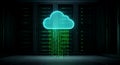 Glowing neon cloud symbol with digital data streams descending in a dark server room environment Royalty Free Stock Photo