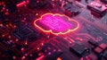 Glowing Neon Cloud Symbol Illuminates a Complex Cybernetic Circuit Board with Red and Pink Hues Royalty Free Stock Photo