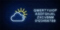 Glowing neon cloudy with sun weather icon with alphabet. Cloud symbol with sunny in neon style to weather forecast