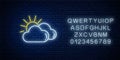 Glowing neon cloudy with sun weather icon with alphabet. Two clouds symbol with sunny in neon style to weather forecast
