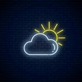 Glowing neon cloudy with sun weather icon. Cloud symbol with sunny in neon style to weather forecast in mobile app Royalty Free Stock Photo