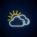 Glowing neon cloudy with sun weather icon. Two clouds symbol with sunny in neon style to weather forecast