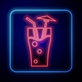 Glowing neon Cocktail and alcohol drink with umbrella icon isolated on blue background. Vector Royalty Free Stock Photo