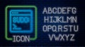 Glowing neon Code terminal icon isolated on brick wall background. Browser window with command line. Command panel