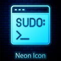 Glowing neon Code terminal icon isolated on brick wall background. Browser window with command line. Command panel
