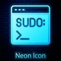 Glowing neon Code terminal icon isolated on brick wall background. Browser window with command line. Command panel Royalty Free Stock Photo